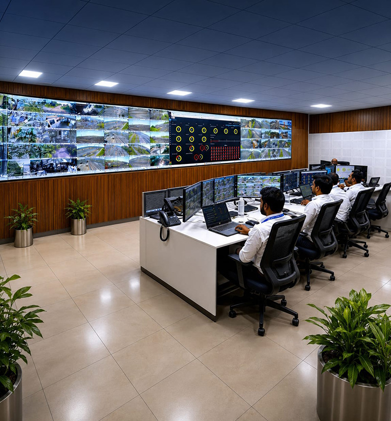 Control-room operator monitoring automated mining equipment